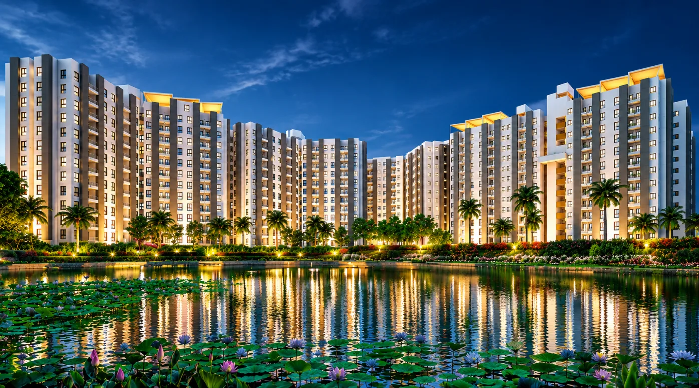 Solaris towers lit up at twilight beside the lake