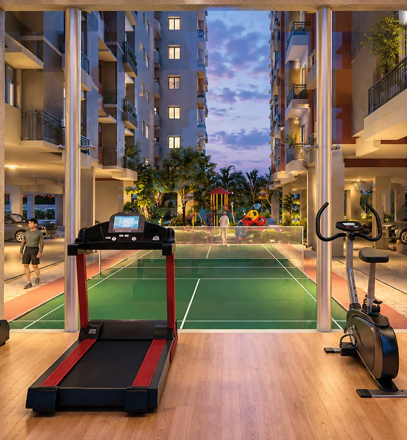 Gym overlooking the courtyard courts