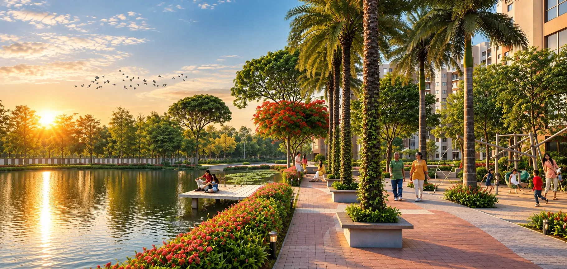 The landscaped lakeside promenade at a Solaris community at sunset
