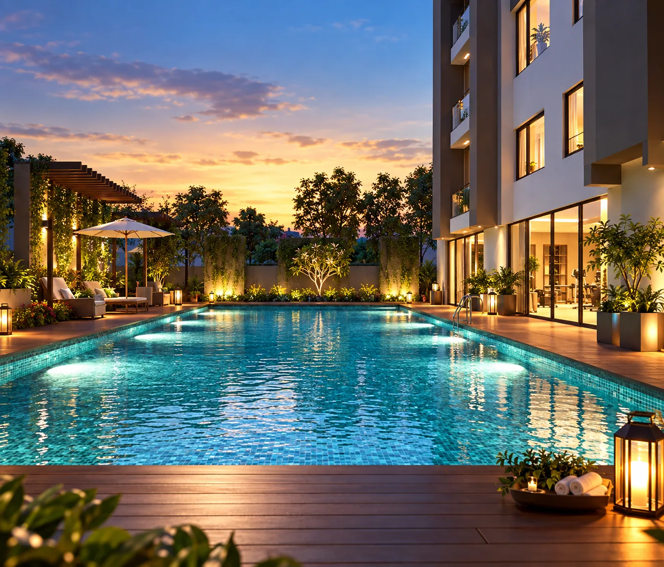 The Solaris pool deck at sunset