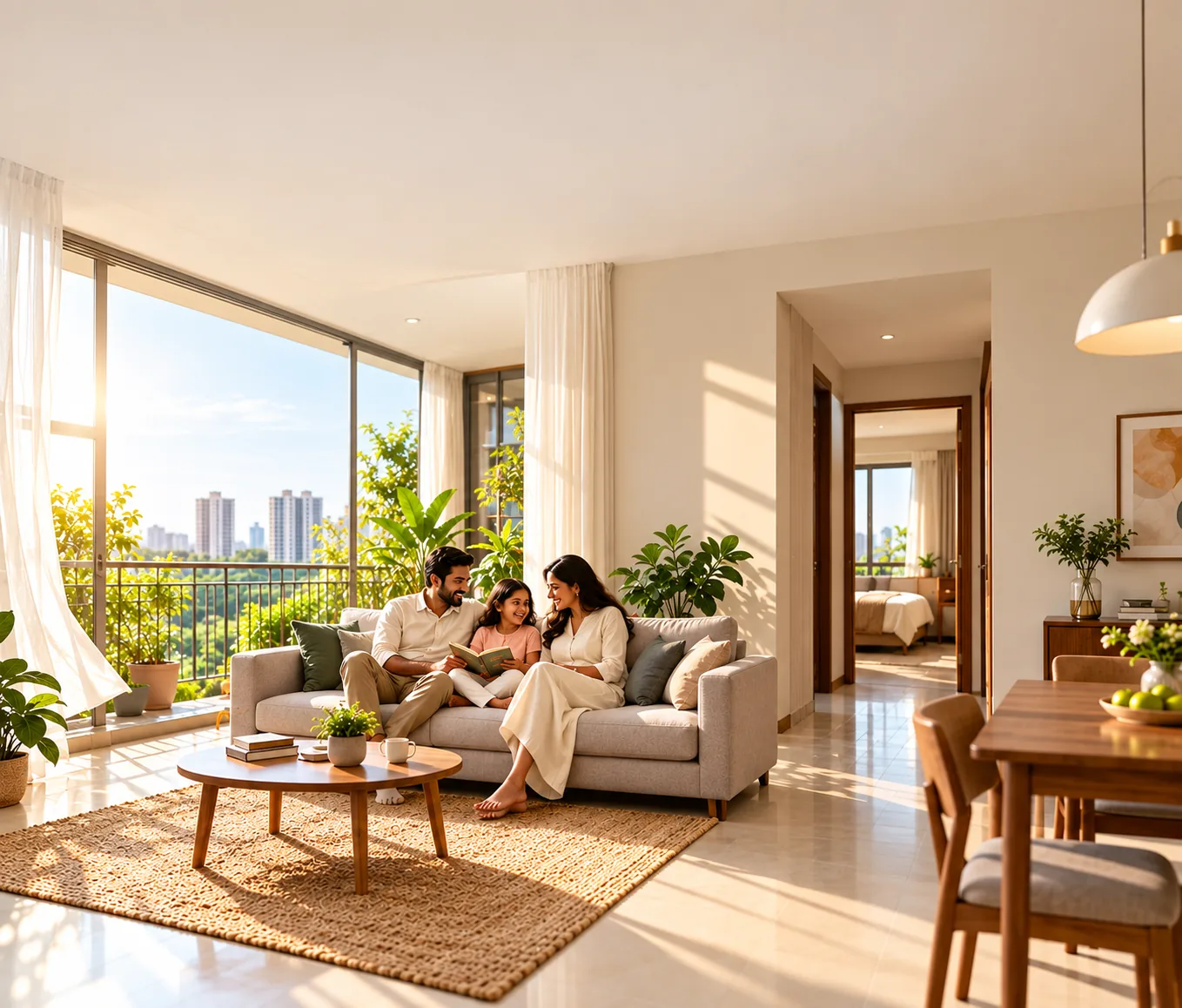 A family relaxing in a bright, airy Solaris living room