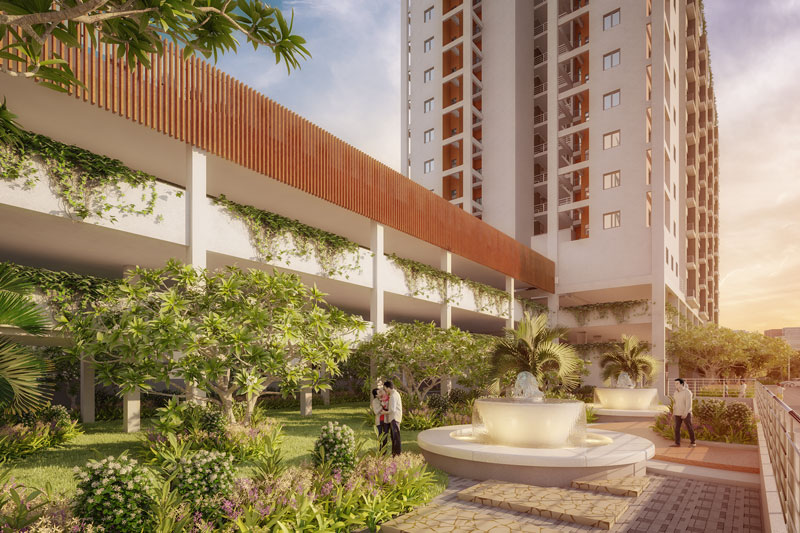 A garden fountain within the complex at Solaris Bonhooghly Phase 2